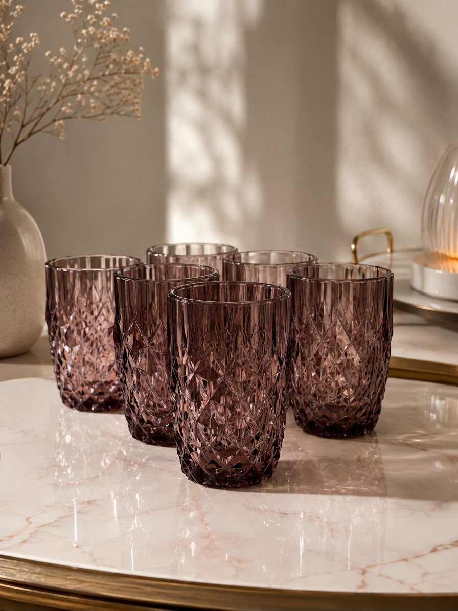 Vintage Diamond-Cut Glass Tumbler Set 400ml -Smoky Burgundy