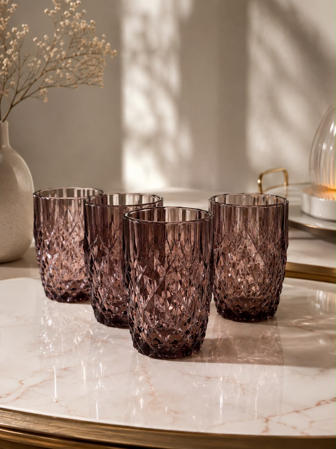 Vintage Diamond-Cut Glass Tumbler Set 400ml -Smoky Burgundy