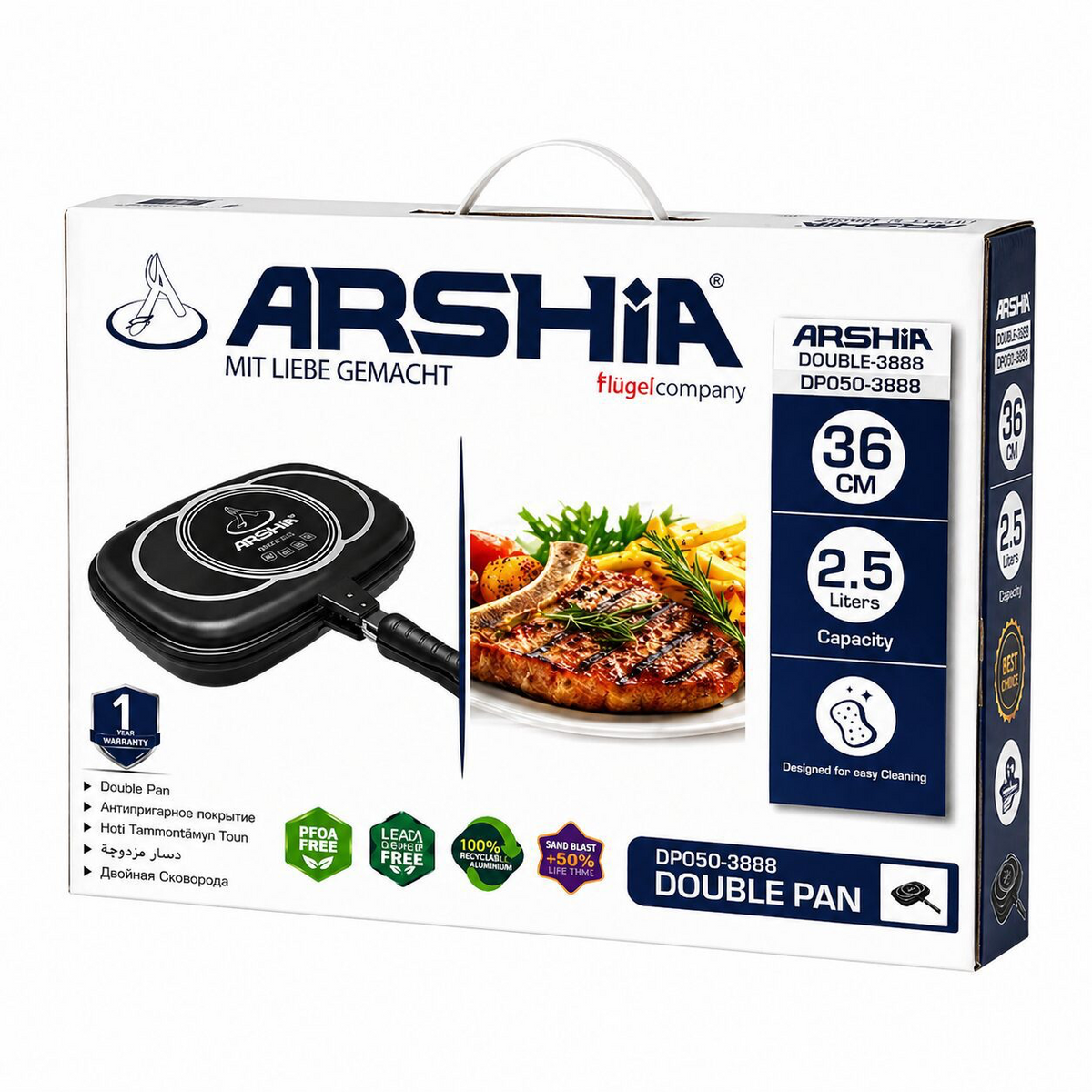 ARSHIA  Double Grill Pan 36 cm - Non-Stick Double Sided Grill - DP050-3888