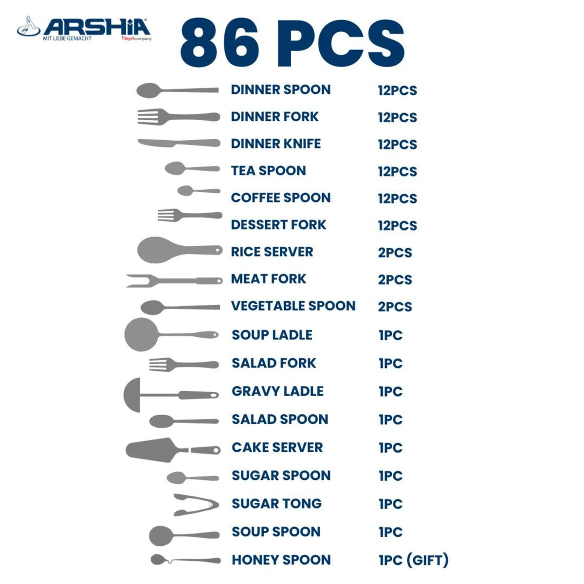 Arshia Stainless Steel Cutlery Sets 86pcs Silver - TM762S-3044