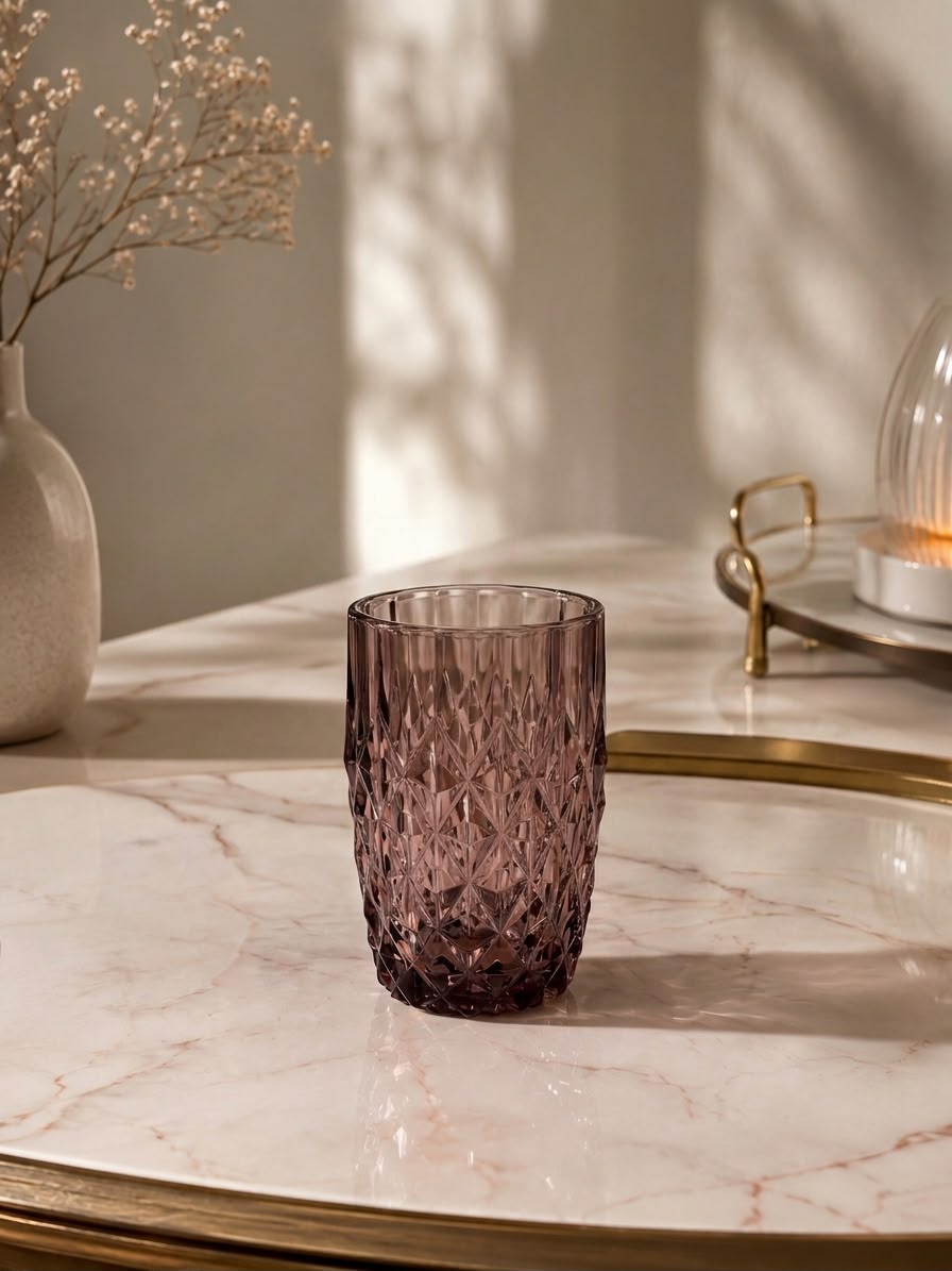 Vintage Diamond-Cut Glass Tumbler Set 400ml -Smoky Burgundy