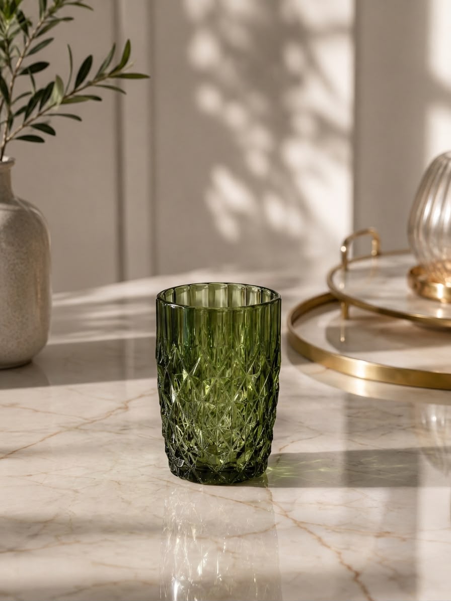 Vintage Diamond-Cut Glass Tumbler Set 400ml - Sage Green