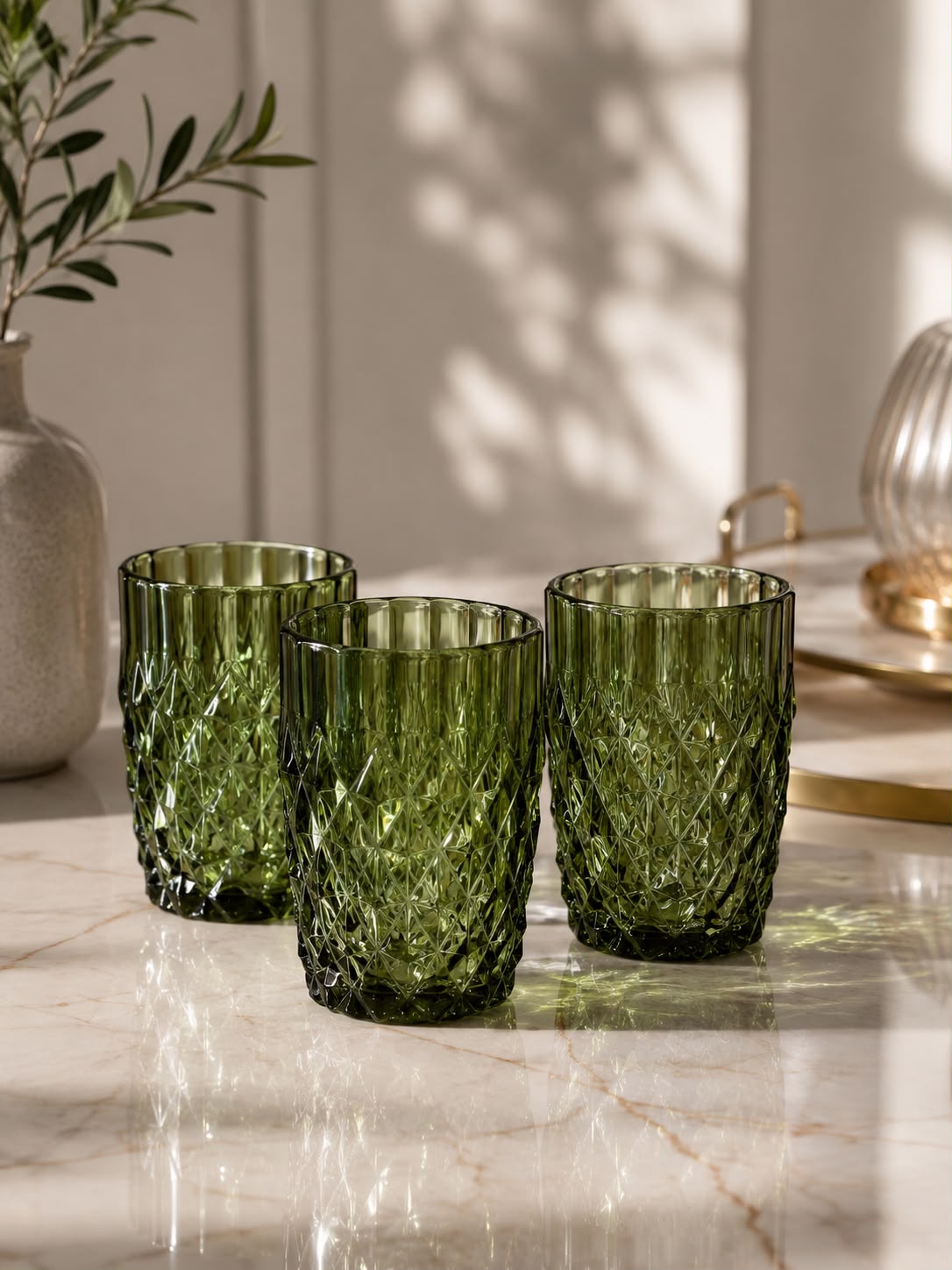 Vintage Diamond-Cut Glass Tumbler Set 400ml - Sage Green